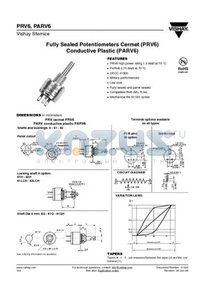 PRV6 datasheet - Fully Sealed Potentiometers Cermet (PRV6) Conductive Plastic (PARV6)