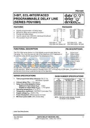 PDU108H-50MC3 datasheet - 3-BIT, ECL-INTERFACED PROGRAMMABLE DELAY LINE (SERIES PDU108H)