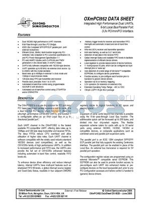 OXMPCI952-VBAG datasheet - Integrated High Performance Dual UARTs, 8-bit Local Bus/Parallel Port. 3.3v PCI/miniPCI interface.