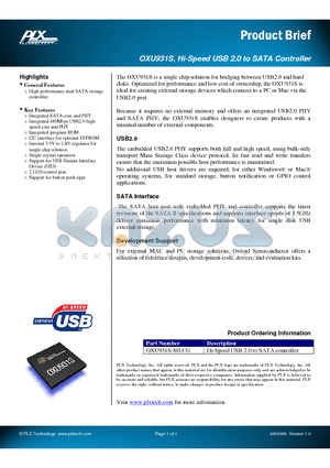 OXU931S-MLCG datasheet - Hi-Speed USB 2.0 to SATA Controller