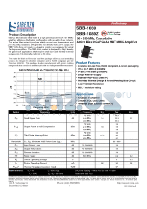 SBB-1089Z datasheet - 50-850MHz, Cascadable Active Bias InGaP/GaAs HBT MMIC Amplifier