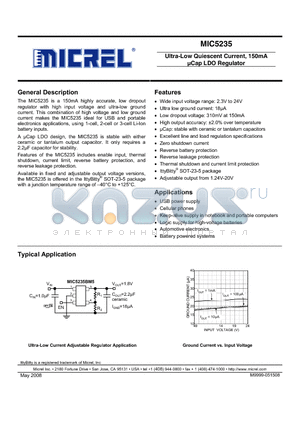 MIC5235-1.5BM5 datasheet - Ultra-Low Quiescent Current, 150mA lCap LDO Regulator