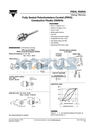 PRV61PQLHF datasheet - Fully Sealed Potentiometers Cermet (PRV6) Conductive Plastic (PARV6)