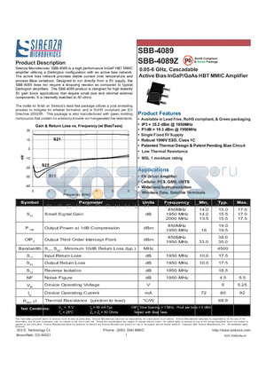 SBB-4089Z datasheet - 0.05-6 GHz, Cascadable Active Bias InGaP/GaAs HBT MMIC Amplifier