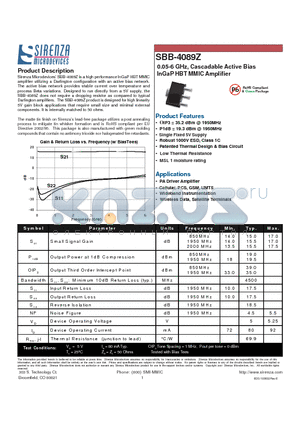 SBB-4089Z datasheet - 0.05-6 GHz, Cascadable Active Bias InGaP HBT MMIC Amplifier