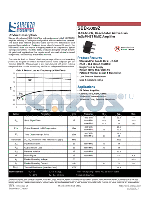 SBB-5089Z datasheet - 0.05-6 GHz, Cascadable Active Bias InGaP HBT MMIC Amplifier