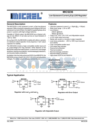 MIC5236-2.5BM datasheet - Low Quiescent Current lCap LDO Regulator