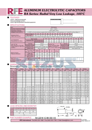 RA220M1CBK050110 datasheet - ALUMINUM ELECTROLYTIC CAPACITORS RA Series: Radial Very Low Leakage, 105C