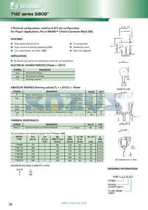 T10C180 datasheet - 3 Terminal configuration, matches G.D.T. pin configuration For Plug in Applications, fits in KRONE 3 Point Connector Block 5B.