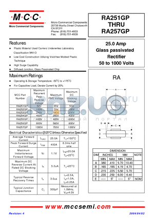 RA253GP datasheet - 25.0 Amp Glass passivated Rectifier 50 to 1000 Volts