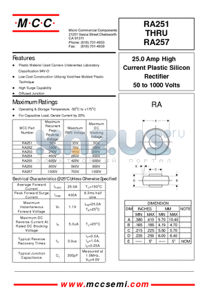RA255 datasheet - 25.0 Amp High Current Plastic Silicon Rectifier 50 to 1000 Volts