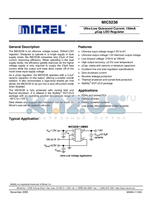 MIC5238-1.0BM5 datasheet - Ultra-Low Quiescent Current, 150mA lCap LDO Regulator