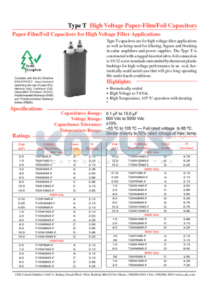T10W2NR-F datasheet - High Voltage Paper-Film/Foil Capacitors