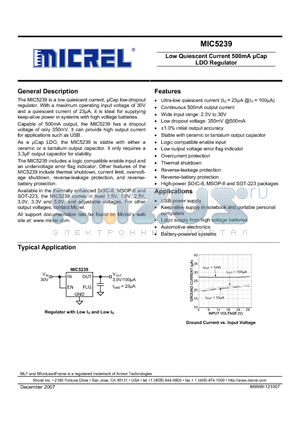 MIC5239-1.8BMM datasheet - Low Quiescent Current 500mA lCap LDO Regulator