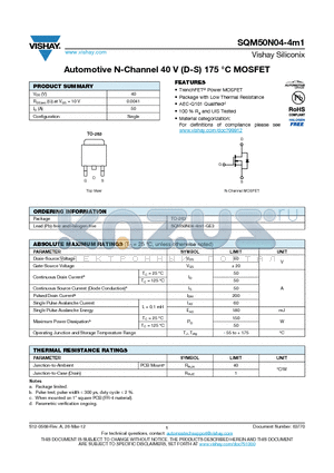 SQM50N04-4M1 datasheet - Automotive N-Channel 40 V (D-S) 175 `C MOSFET