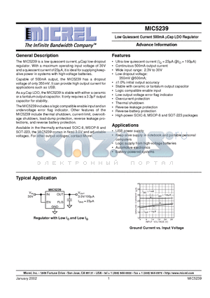 MIC5239-3.0BS datasheet - Low Quiescent Current 500mA UCap LDO Regulator