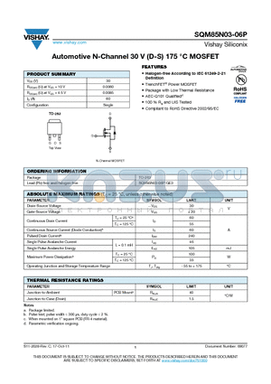 SQM85N03-06P datasheet - Automotive N-Channel 30 V (D-S) 175 `C MOSFET