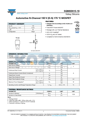 SQM85N19 datasheet - Automotive N-Channel 150 V (D-S) 175 `C MOSFET