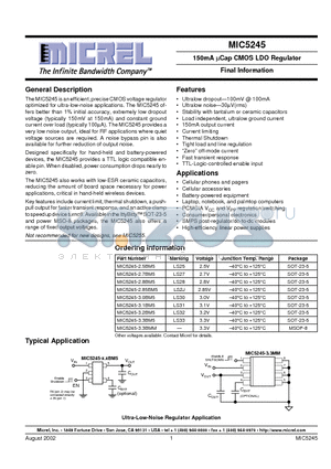 MIC5245-3.0BM5 datasheet - 150mA lCap CMOS LDO Regulator