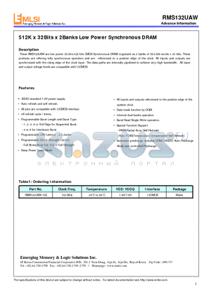 RMS132UAW-75E datasheet - 512K x 32Bits x 2Banks Low Power Synchronous DRAM