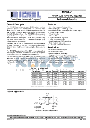 MIC5246-2.7BM5 datasheet - 150mA lCap CMOS LDO Regulator Preliminary Information