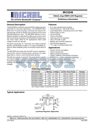 MIC5246-2.85BM5 datasheet - 150mA lCap CMOS LDO Regulator Preliminary Information