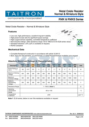 RMX1W datasheet - Metal Oxide Resistor  Normal & Miniature Style