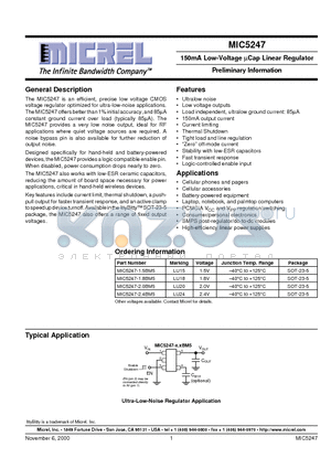 MIC5247-1.8BM5 datasheet - 150mA Low-Voltage lCap Linear Regulator Preliminary Information