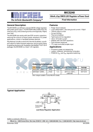 MIC5248 datasheet - 150mA UCap CMOS LDO Regulator w/Power Good