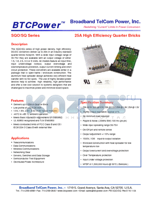 SQO100-24-1.5 datasheet - 25A High Efficiency Quarter Bricks