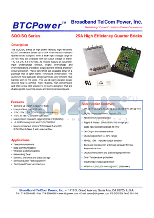 SQO100-48-1.5N datasheet - 25A High Efficiency Quarter Bricks