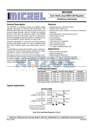MIC5250-2.8BMM datasheet - Dual 150mA lCap CMOS LDO Regulator Preliminary Information