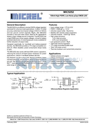 MIC5252-1.8YM5 datasheet - 150mA High PSRR, Low Noise lCap CMOS LDO