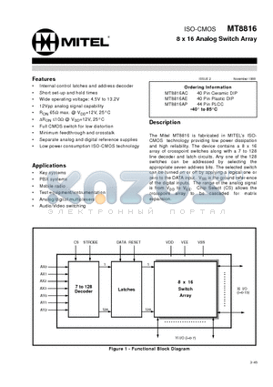 MT8816 datasheet - ISO-CMOS 8 x 16 Analog Switch Array