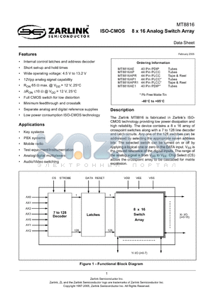 MT8816AE1 datasheet - ISO-CMOS 8 x 16 Analog Switch Array