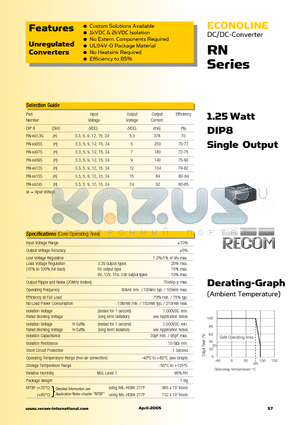 RN-1509S datasheet - 1.25 Watt DIP8 Sigle Output