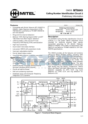 MT8843AS datasheet - CMOS Calling Number Identification Circuit 2 Preliminary Information