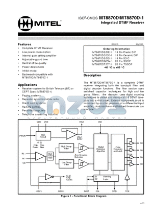 MT8870D datasheet - ISO2-CMOS Integrated DTMF Receiver