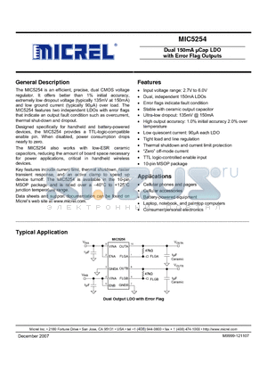 MIC5254-SJBMM datasheet - Dual 150mA lCap LDO with Error Flag Outputs