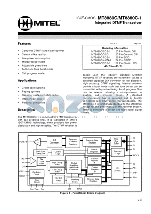 MT8880CE datasheet - ISO2-CMOS Integrated DTMFTransceiver