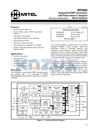 MT8885AP datasheet - Integrated DTMFTransceiver with Power Down & Adaptive Micro Interface