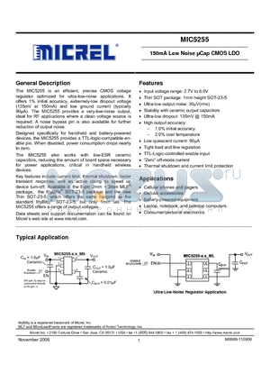 MIC5255-2.75BM5 datasheet - 150mA Low Noise Cap CMOS LDO