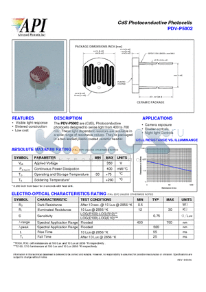 PDV-P5002 datasheet - CdS Photoconductive Photocells
