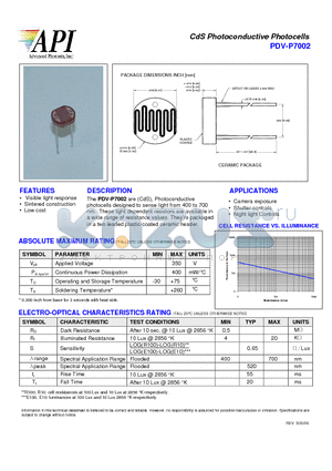 PDV-P7002 datasheet - CdS Photoconductive Photocells