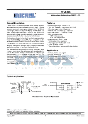 MIC5255-2.85BD5 datasheet - 150mA Low Noise UCap CMOS LDO