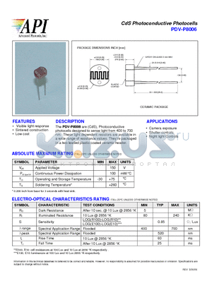 PDV-P8006 datasheet - CdS Photoconductive Photocells