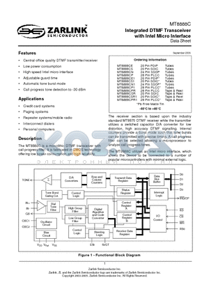 MT8888CSR1 datasheet - Integrated DTMF Transceiver with Intel Micro Interface