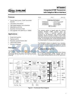 MT8889C datasheet - Integrated DTMF Transceiver with Adaptive Micro Interface