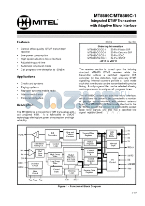 MT8889CE datasheet - Integrated DTMFTransceiver with Adaptive Micro Interface