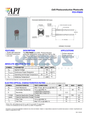 PDV-P9203 datasheet - CdS Photoconductive Photocells